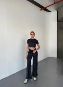 Osy Modal Yumuşak Dokulu Kumaş Kısa Kollu Crop Rahat Pantalon Ikili Takım - Füme resmi